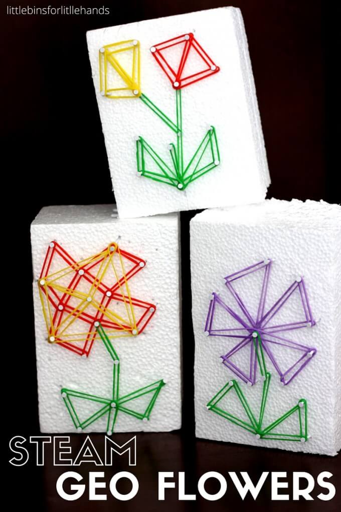 Geo flower STEAM craft for kids and loom band activity perfect for Mother's Day.