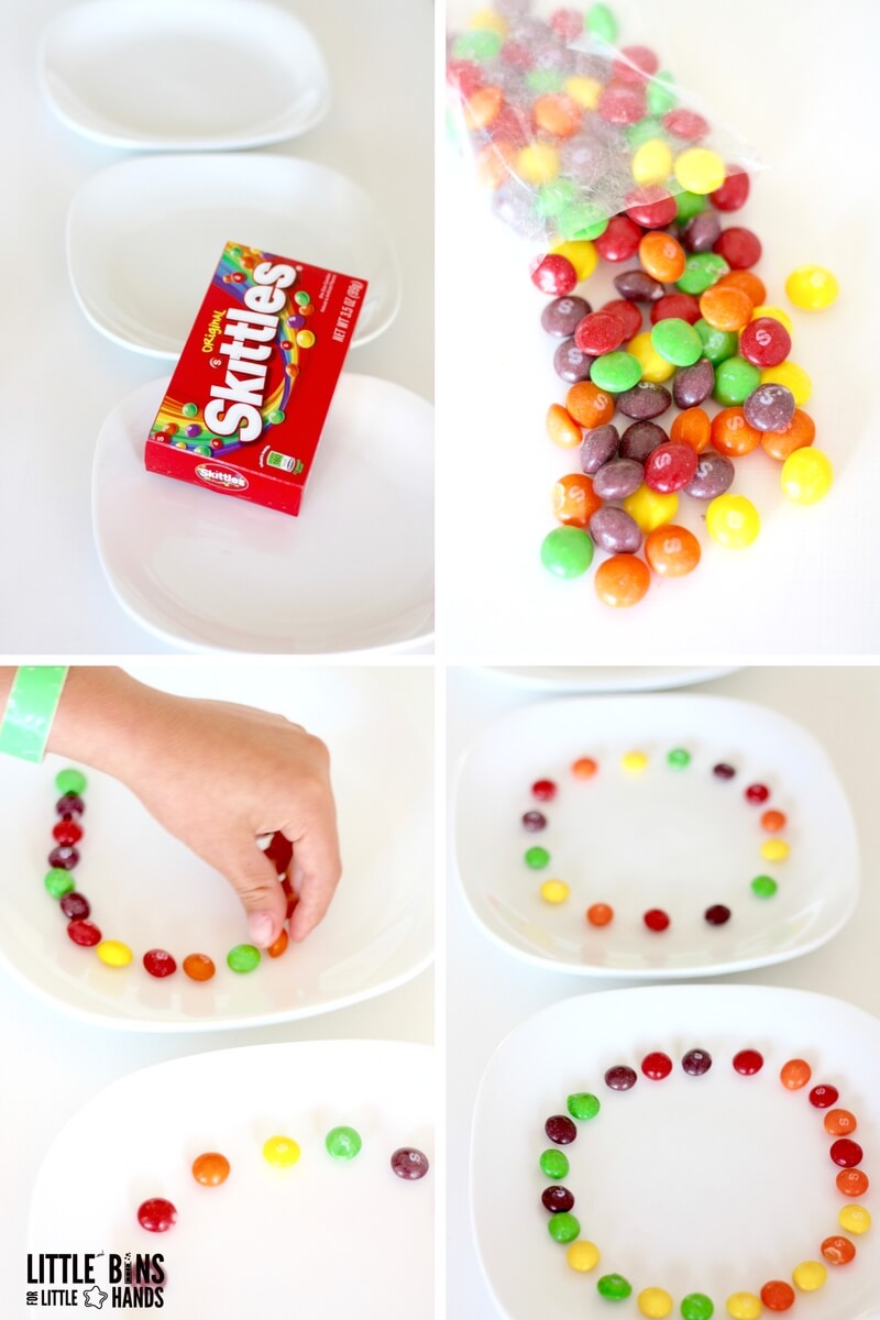 skittles science activity set up by making patterns of skittles on plates