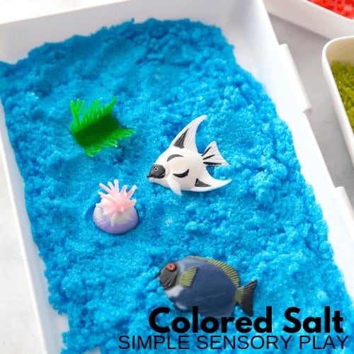 colored salt sensory play and ocean sensory bin
