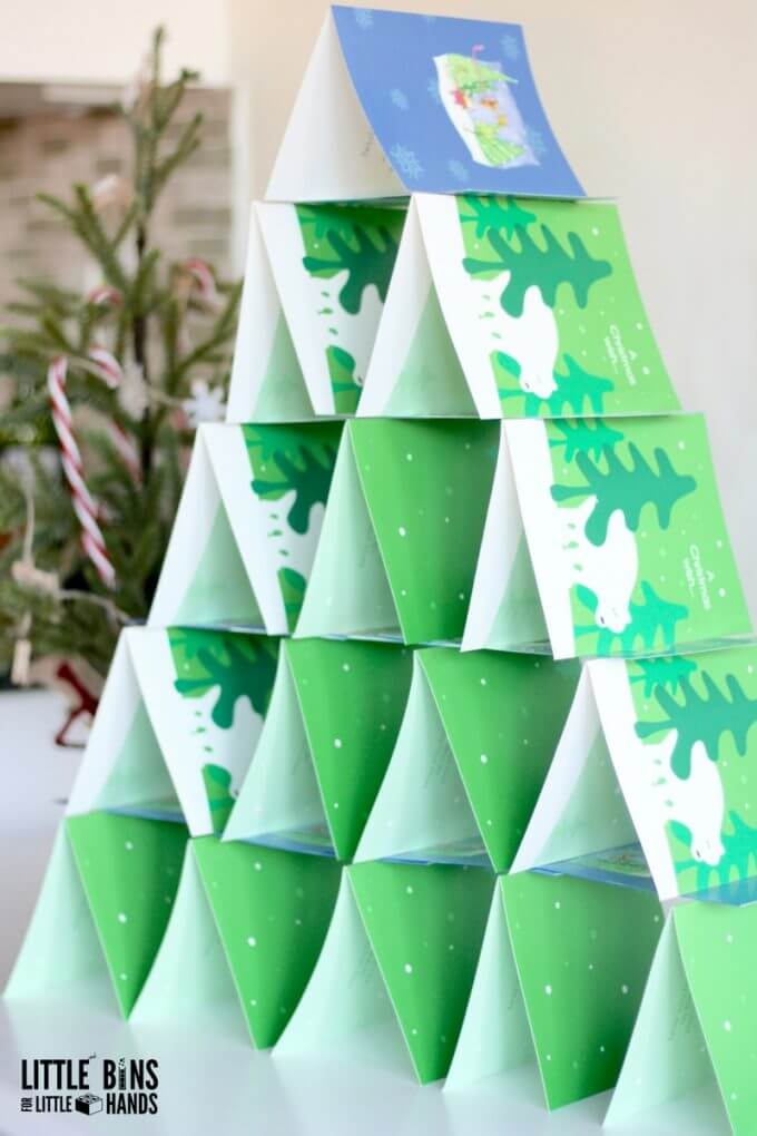 Christmas card tree building activity for kids