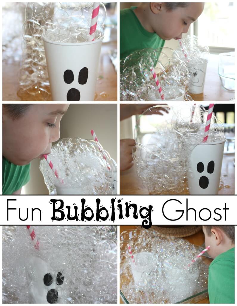 Halloween bubble science experiment and ghost activity blowing a bubble tower with homemade bubble solution.