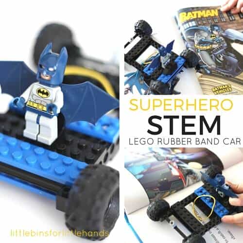 LEGO Rubber Band Car Superhero STEM Book Inspired LEGO Challenge