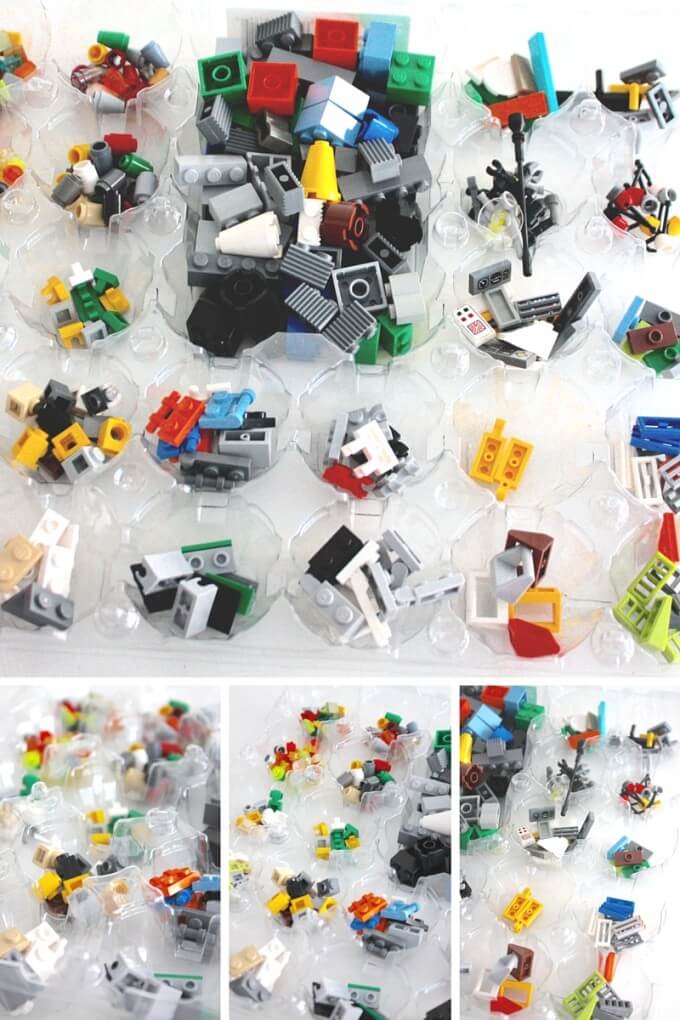 Mini LEGO robots building bricks and pieces in egg carton crate