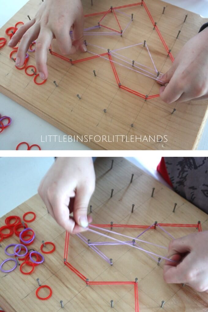 Playing with a heart geoboard for a Valentines Day math activity
