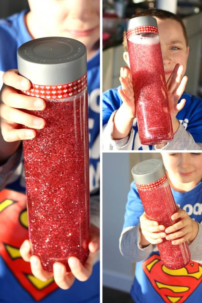 Shaking Valentines sensory bottle with VOSS plastic bottle
