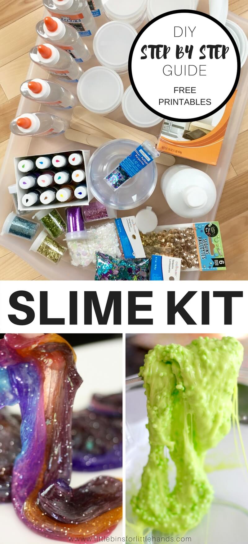 Kids go absolutely crazy for making slime today! Why bother with the dinky little kits in the store when you can put together an easy to make homemade slime kit they will use over and over again. We are going to show you step by step how to build the perfect slime kit to give your kids. Pair it with our printable slime recipe cheat sheet page and keep a slime kit handy for weekends, vacations, and stuck inside days! Homemade slime is an awesome project to share with the kids.