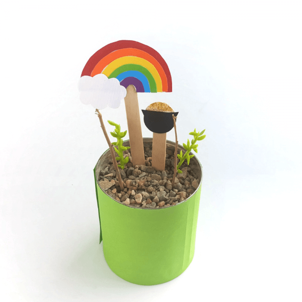 assemble a mini leprechaun trap garden in a tin can or small pot